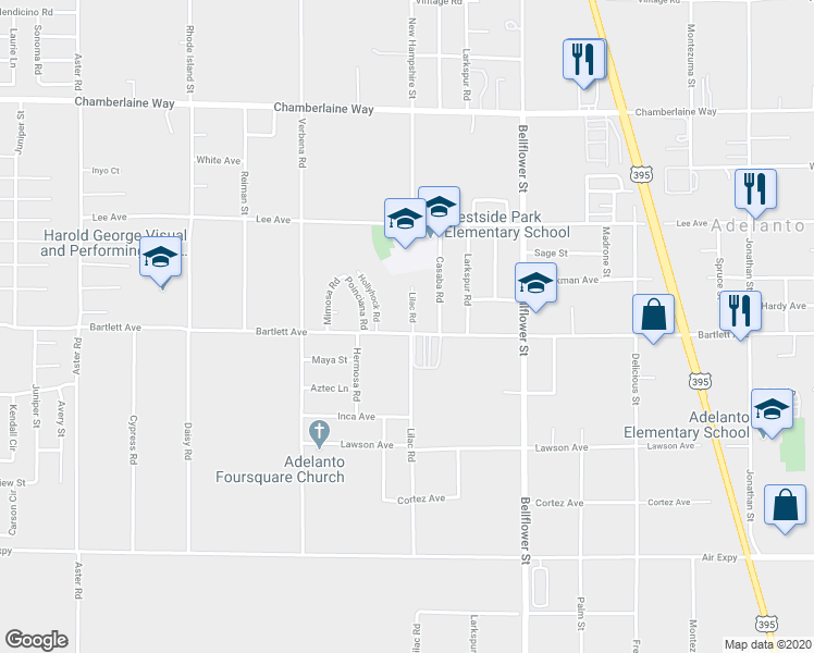 map of restaurants, bars, coffee shops, grocery stores, and more near 11098 Bartlett Avenue in Adelanto