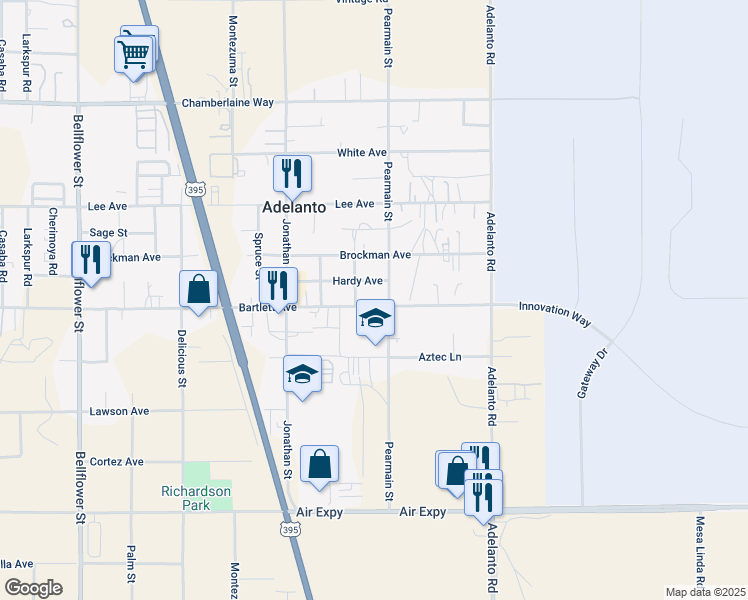 map of restaurants, bars, coffee shops, grocery stores, and more near Bartlett Avenue in Adelanto