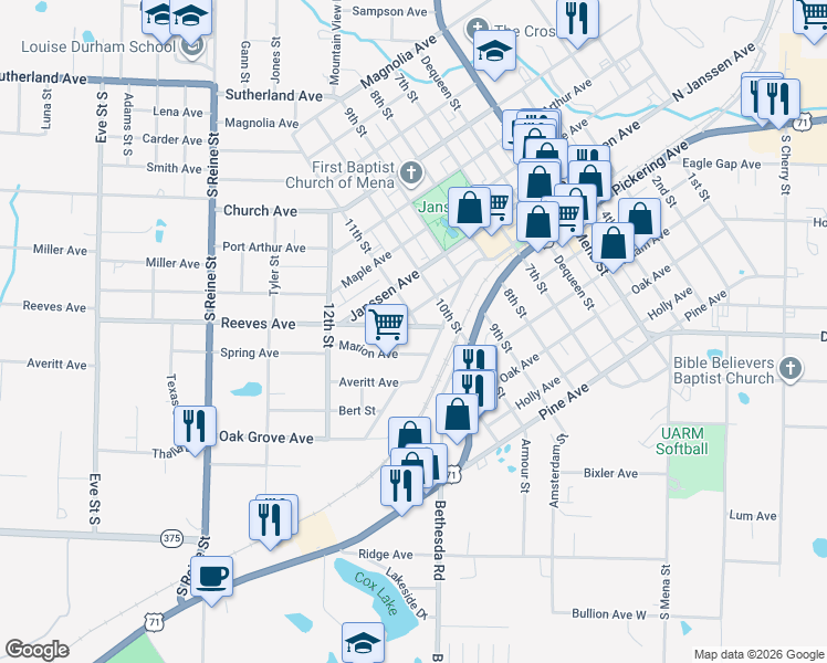 map of restaurants, bars, coffee shops, grocery stores, and more near 1108 Reeves Avenue in Mena