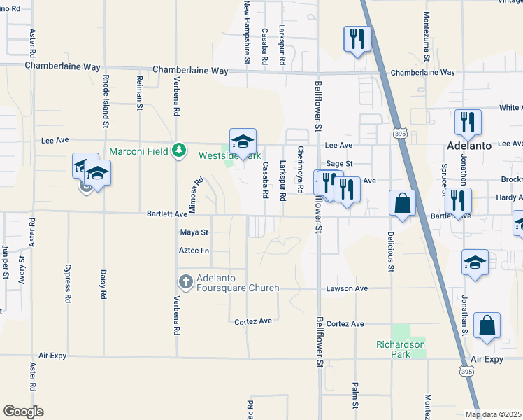 map of restaurants, bars, coffee shops, grocery stores, and more near 18120 Casaba Road in Adelanto