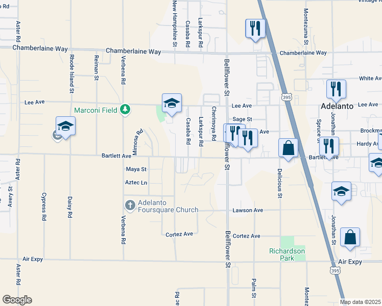 map of restaurants, bars, coffee shops, grocery stores, and more near 18125 Casaba Road in Adelanto
