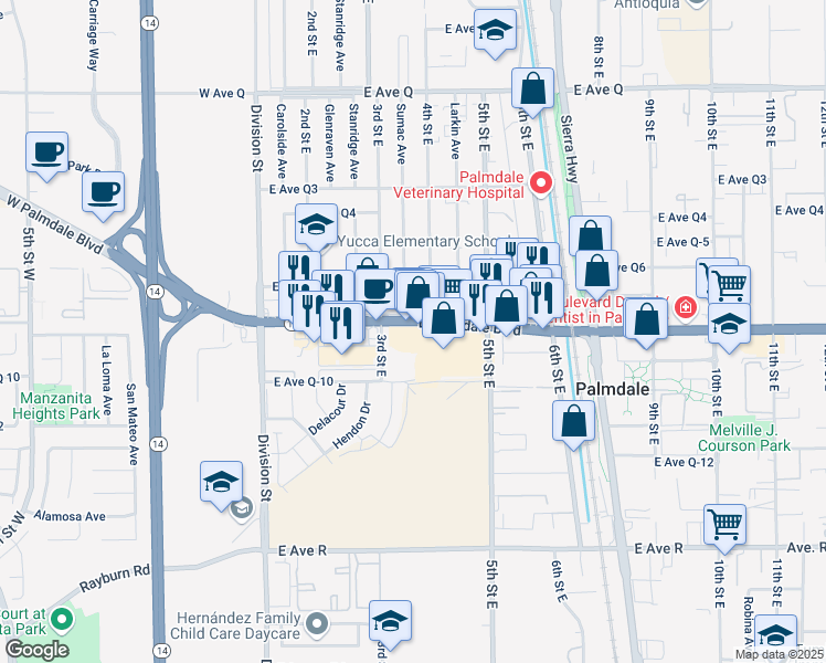 map of restaurants, bars, coffee shops, grocery stores, and more near 400 East Palmdale Boulevard in Palmdale