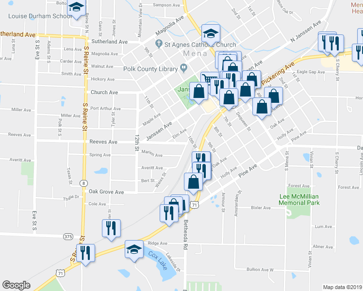 map of restaurants, bars, coffee shops, grocery stores, and more near 1102 Reeves Avenue in Mena