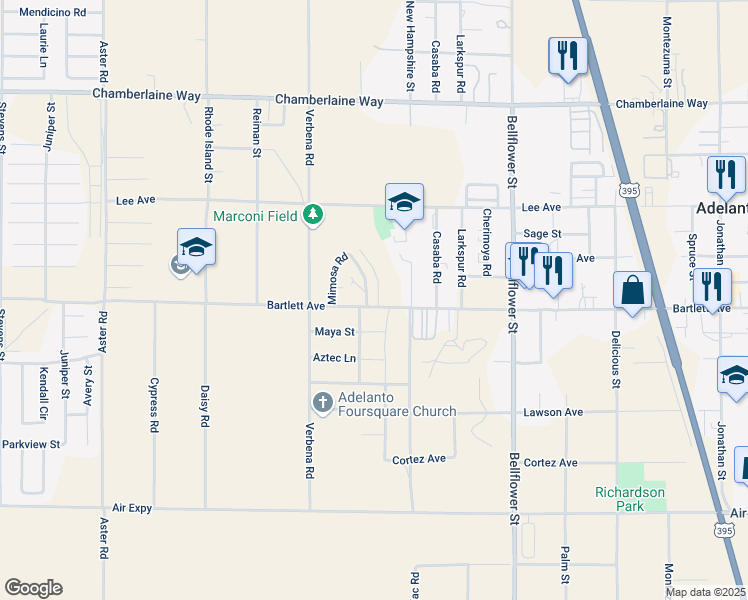 map of restaurants, bars, coffee shops, grocery stores, and more near 18107 Poinciana Road in Adelanto