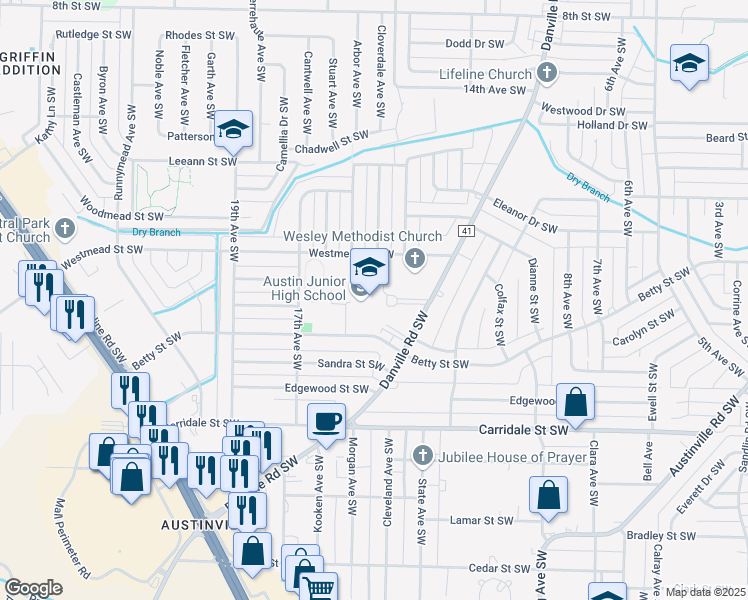 map of restaurants, bars, coffee shops, grocery stores, and more near 1625 Danville Road Southwest in Decatur