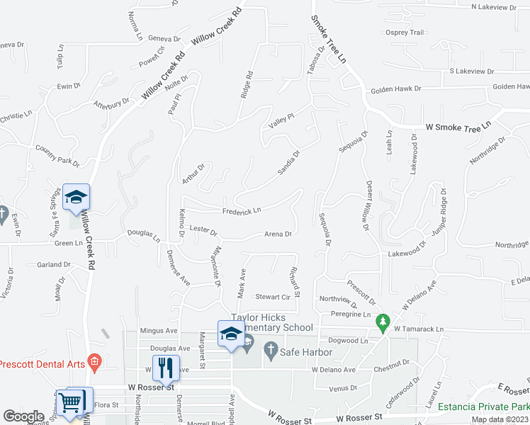 map of restaurants, bars, coffee shops, grocery stores, and more near 515 Frederick Lane in Prescott