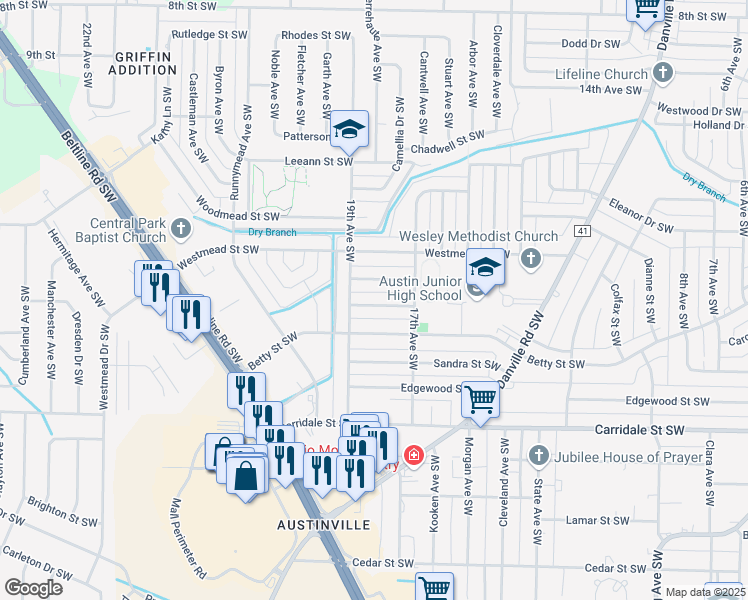 map of restaurants, bars, coffee shops, grocery stores, and more near 1712 Iris Street Southwest in Decatur
