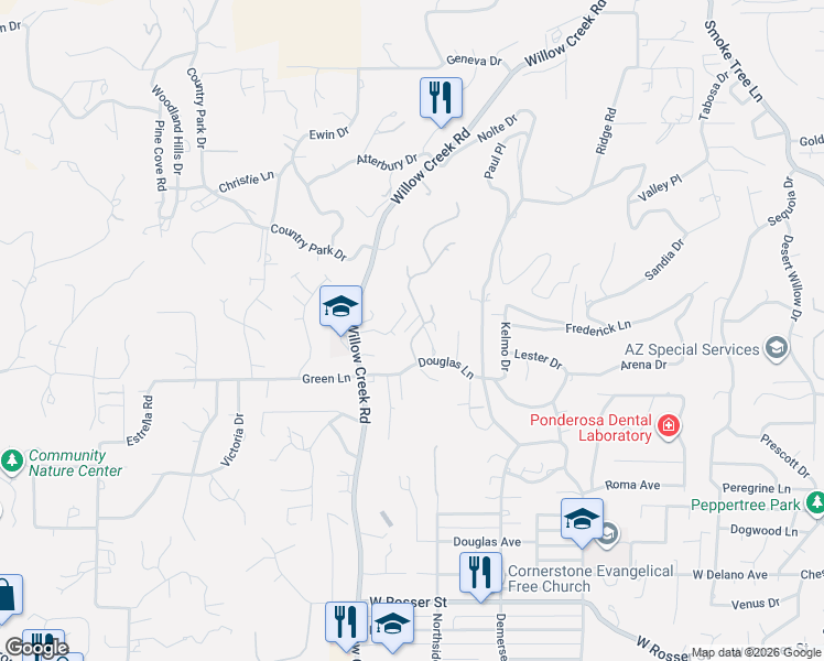 map of restaurants, bars, coffee shops, grocery stores, and more near 2140 Mission Way in Prescott