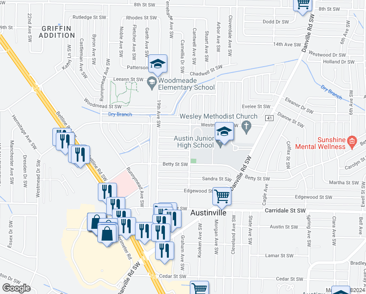 map of restaurants, bars, coffee shops, grocery stores, and more near 1704 Iris Street Southwest in Decatur