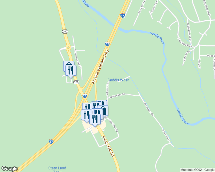 map of restaurants, bars, coffee shops, grocery stores, and more near 499 West Industrial Drive in Camp Verde