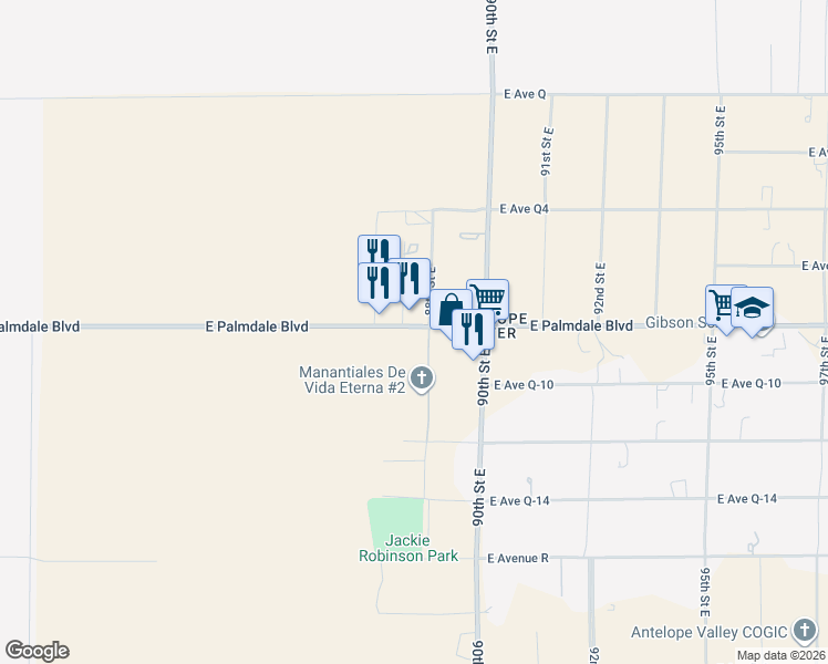 map of restaurants, bars, coffee shops, grocery stores, and more near East Palmdale Boulevard in Palmdale