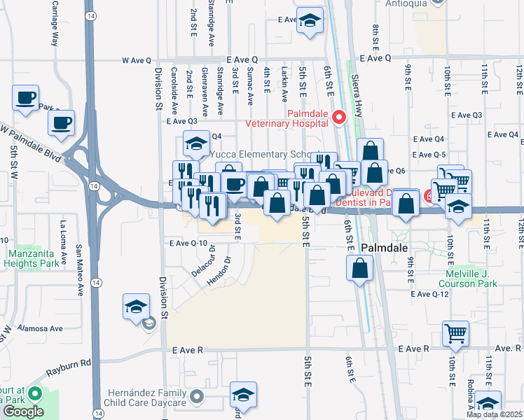 map of restaurants, bars, coffee shops, grocery stores, and more near 400 East Palmdale Boulevard in Palmdale