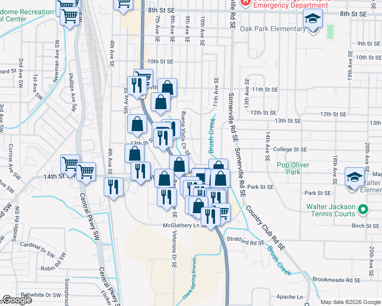 map of restaurants, bars, coffee shops, grocery stores, and more near 1712 Buena Vista Circle Southeast in Decatur