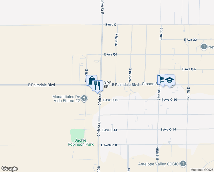map of restaurants, bars, coffee shops, grocery stores, and more near 2 East Palmdale Boulevard in Palmdale