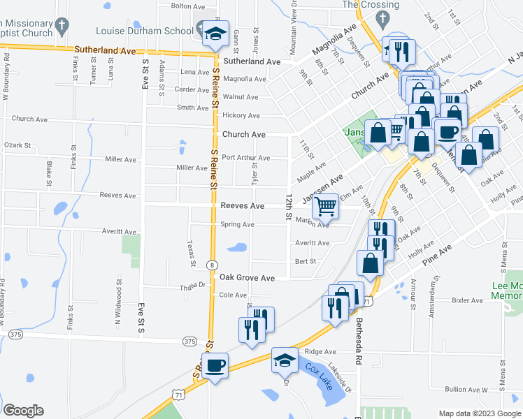 map of restaurants, bars, coffee shops, grocery stores, and more near 1308 Reeves Ave in Mena