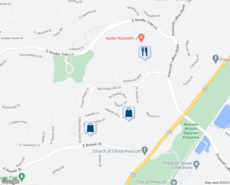 map of restaurants, bars, coffee shops, grocery stores, and more near 1404 Saint Charles Avenue in Prescott