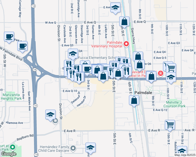 map of restaurants, bars, coffee shops, grocery stores, and more near 2720 East Palmdale Boulevard in Palmdale