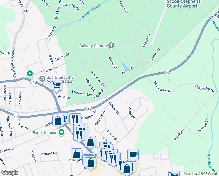 map of restaurants, bars, coffee shops, grocery stores, and more near 474 Hayes Street in Toccoa
