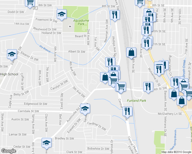 map of restaurants, bars, coffee shops, grocery stores, and more near 401 Brookridge Road Southwest in Decatur