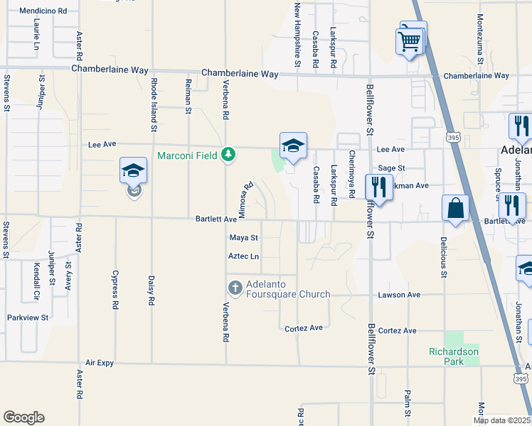map of restaurants, bars, coffee shops, grocery stores, and more near 18107 Poinciana Road in Adelanto