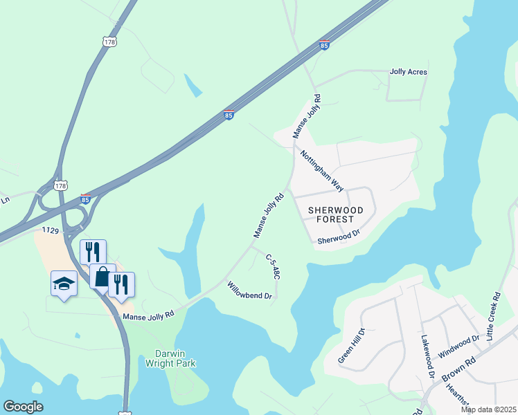 map of restaurants, bars, coffee shops, grocery stores, and more near 1109 Manse Jolly Road in Anderson