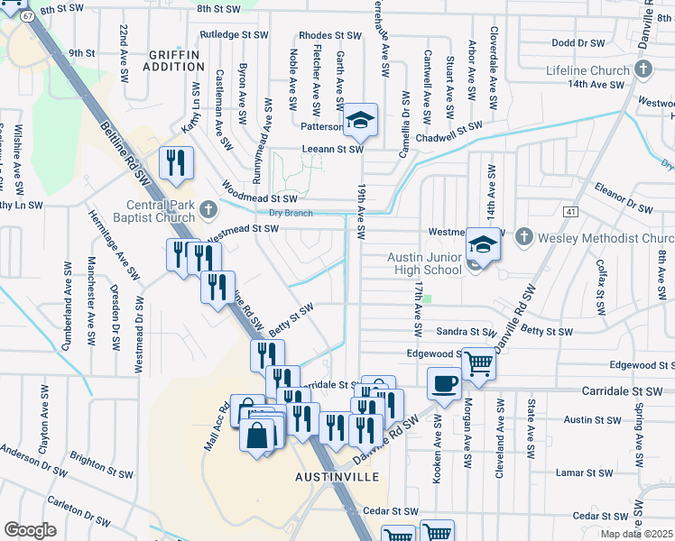 map of restaurants, bars, coffee shops, grocery stores, and more near 1613 19th Avenue Southwest in Decatur