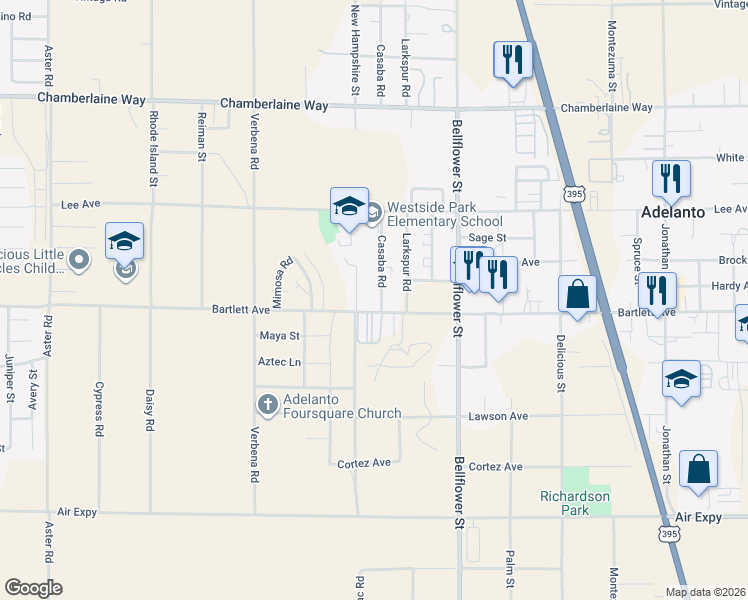 map of restaurants, bars, coffee shops, grocery stores, and more near 18125 Casaba Road in Adelanto