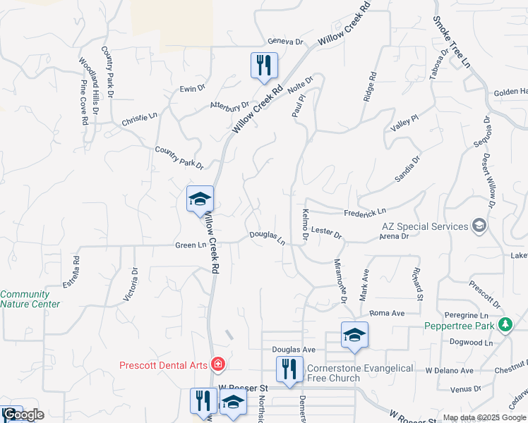map of restaurants, bars, coffee shops, grocery stores, and more near 2157 Elkhorn Drive in Prescott