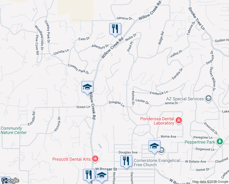 map of restaurants, bars, coffee shops, grocery stores, and more near 2157 Elkhorn Drive in Prescott