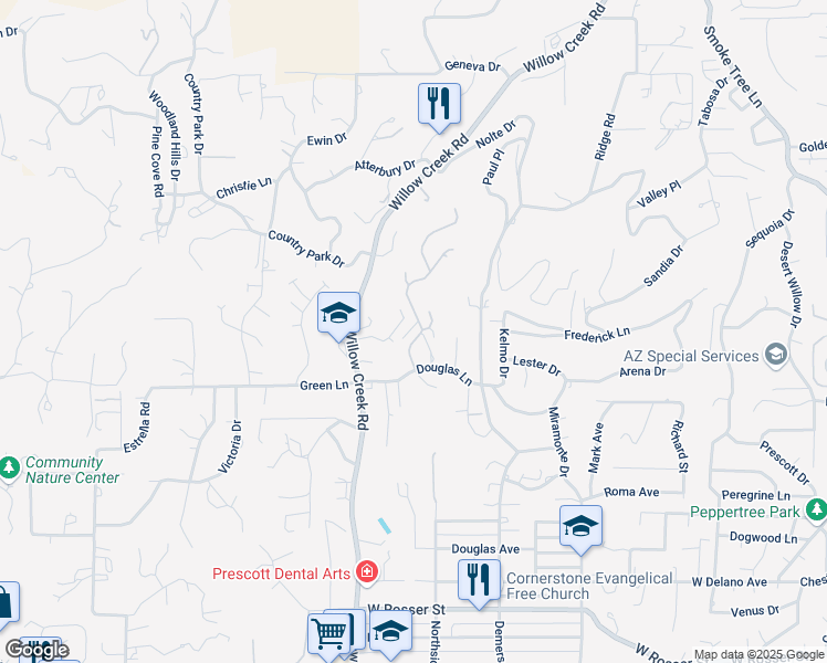 map of restaurants, bars, coffee shops, grocery stores, and more near 2140 Mission Way in Prescott