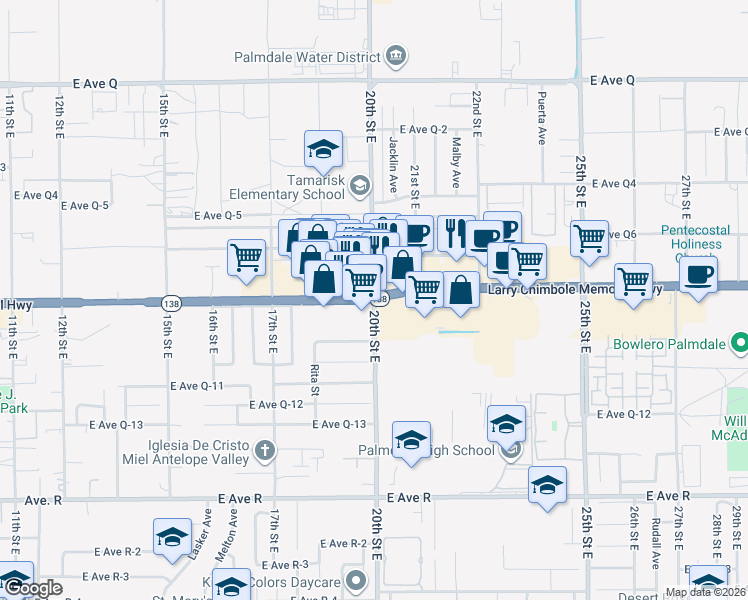 map of restaurants, bars, coffee shops, grocery stores, and more near E Palmdale Blvd & 20th St E in Palmdale