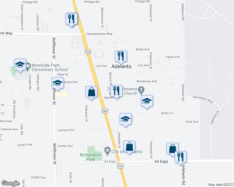 map of restaurants, bars, coffee shops, grocery stores, and more near 18134 Jonathan Street in Adelanto
