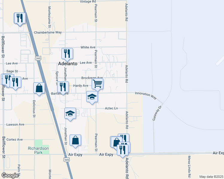 map of restaurants, bars, coffee shops, grocery stores, and more near 12006 Bartlett Avenue in Adelanto