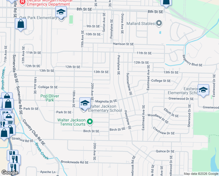 map of restaurants, bars, coffee shops, grocery stores, and more near 2199 College Street Southeast in Decatur