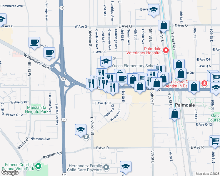 map of restaurants, bars, coffee shops, grocery stores, and more near 232 East Palmdale Boulevard in Palmdale