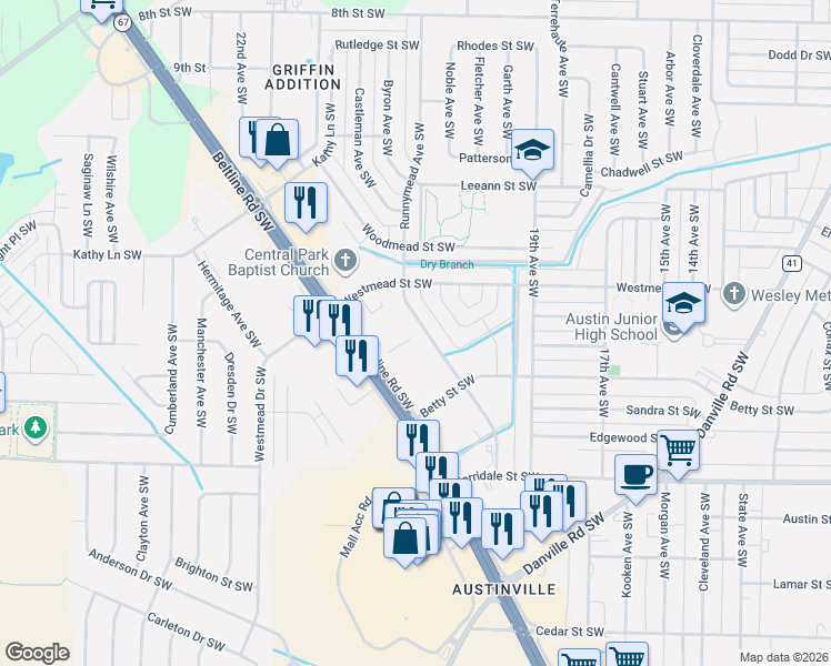 map of restaurants, bars, coffee shops, grocery stores, and more near 2042 Beltline Road Southwest in Decatur
