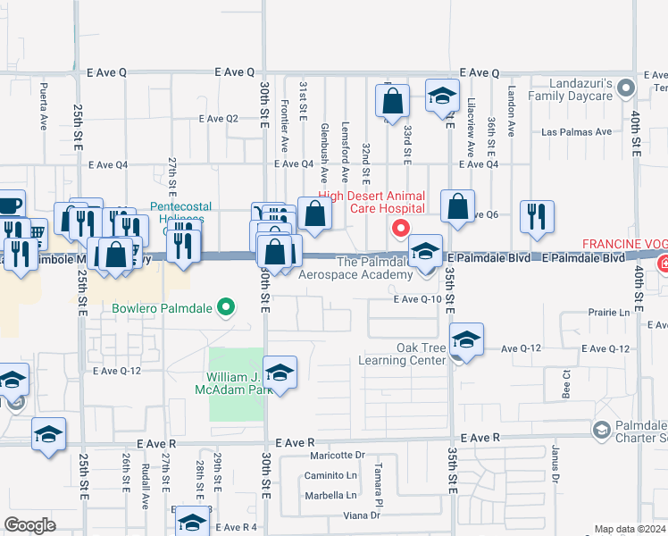 map of restaurants, bars, coffee shops, grocery stores, and more near East Palmdale Boulevard in Palmdale