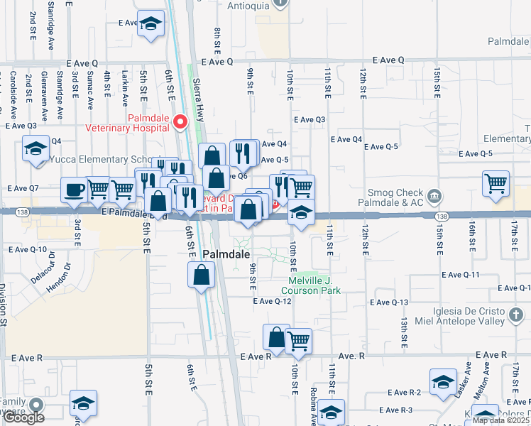 map of restaurants, bars, coffee shops, grocery stores, and more near 937 East Palmdale Boulevard in Palmdale