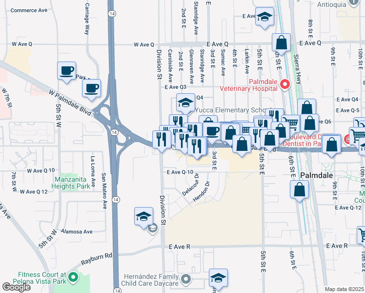 map of restaurants, bars, coffee shops, grocery stores, and more near 1 2nd Street East in Palmdale