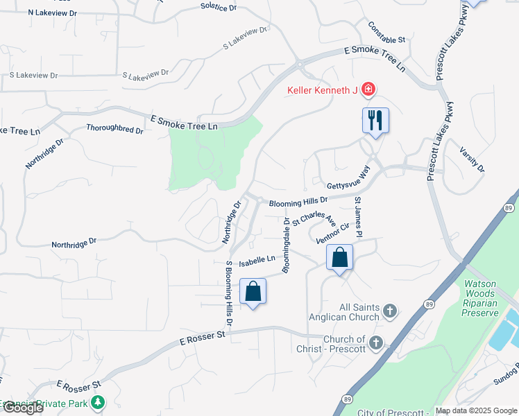 map of restaurants, bars, coffee shops, grocery stores, and more near 1303 Mandi Court in Prescott