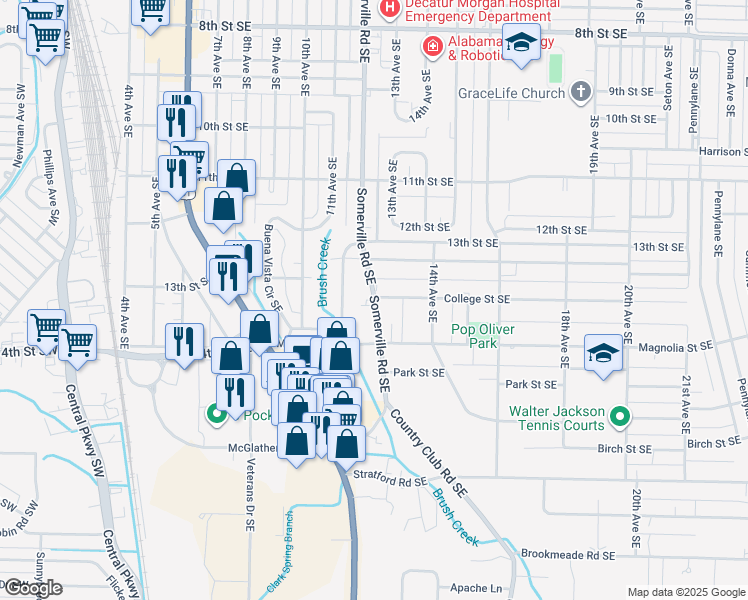 map of restaurants, bars, coffee shops, grocery stores, and more near 1701 Somerville Road Southeast in Decatur