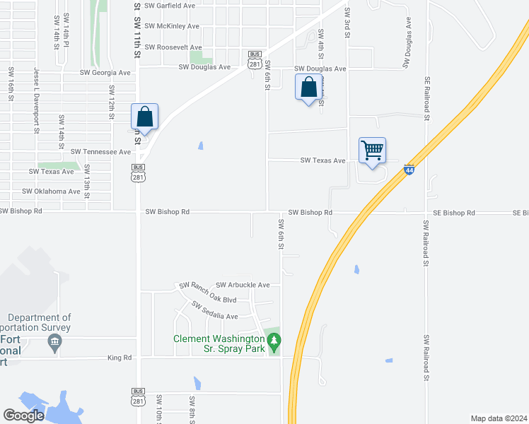 map of restaurants, bars, coffee shops, grocery stores, and more near 622 Southwest Bishop Road in Lawton