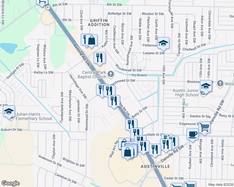 map of restaurants, bars, coffee shops, grocery stores, and more near 2046 Beltline Road Southwest in Decatur