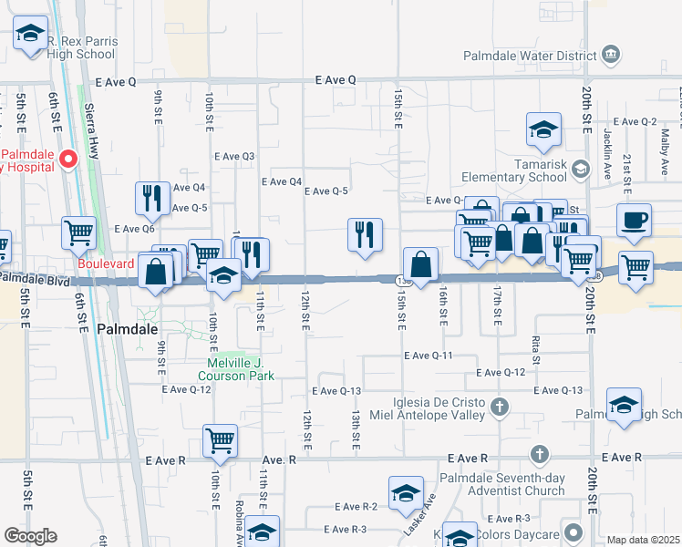map of restaurants, bars, coffee shops, grocery stores, and more near 1249 East Palmdale Boulevard in Palmdale