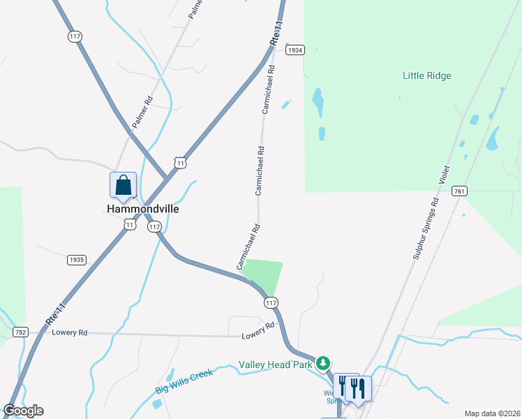 map of restaurants, bars, coffee shops, grocery stores, and more near 591 Carmichael Road in Hammondville