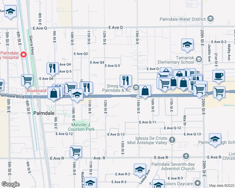 map of restaurants, bars, coffee shops, grocery stores, and more near 1249 East Palmdale Boulevard in Palmdale