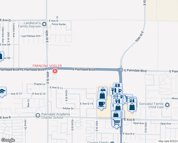 map of restaurants, bars, coffee shops, grocery stores, and more near 4500 East Palmdale Boulevard in Palmdale