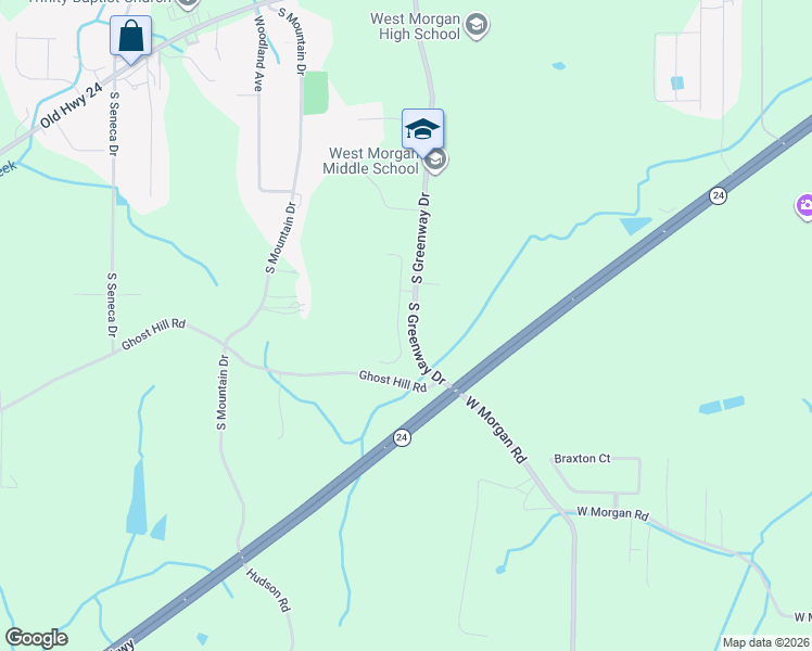 map of restaurants, bars, coffee shops, grocery stores, and more near 51 South Greenway Drive in Trinity