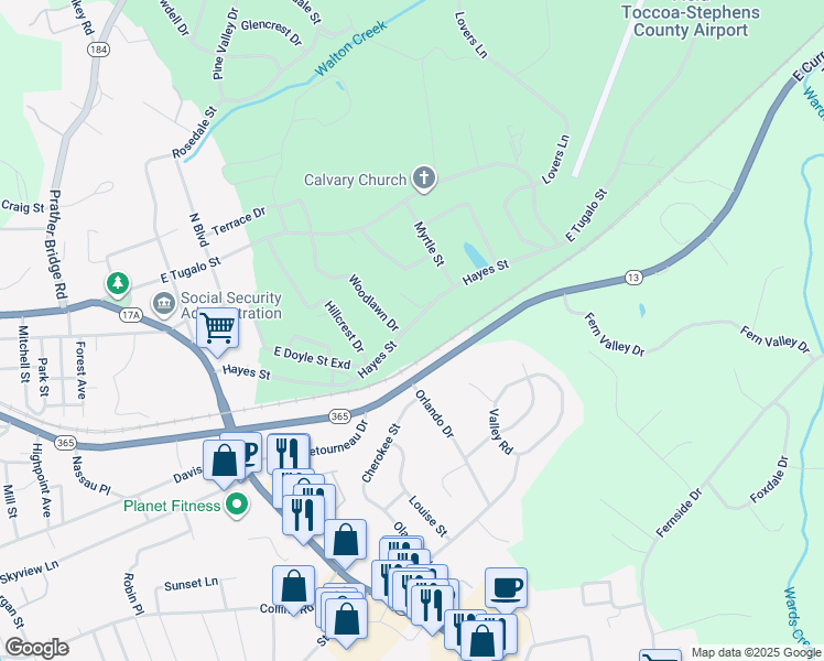 map of restaurants, bars, coffee shops, grocery stores, and more near 474 Hayes Street in Toccoa