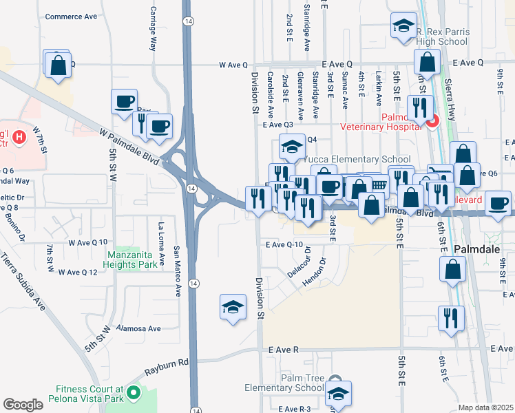 map of restaurants, bars, coffee shops, grocery stores, and more near 110 East Palmdale Boulevard in Palmdale